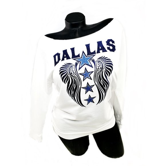 Dallas White Scoop Neck Rawedge Light weight Jersey 3/4 Slv.Top. Football Spiri - Picture 2 of 4